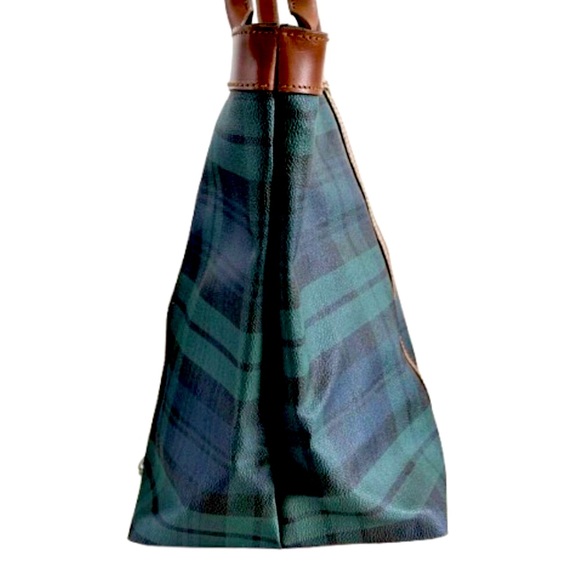 RALPH LAUREN BlackWatch Plaid Coated Canvas Brown Leather Top Zip Oversized Bag - Picture 4 of 16
